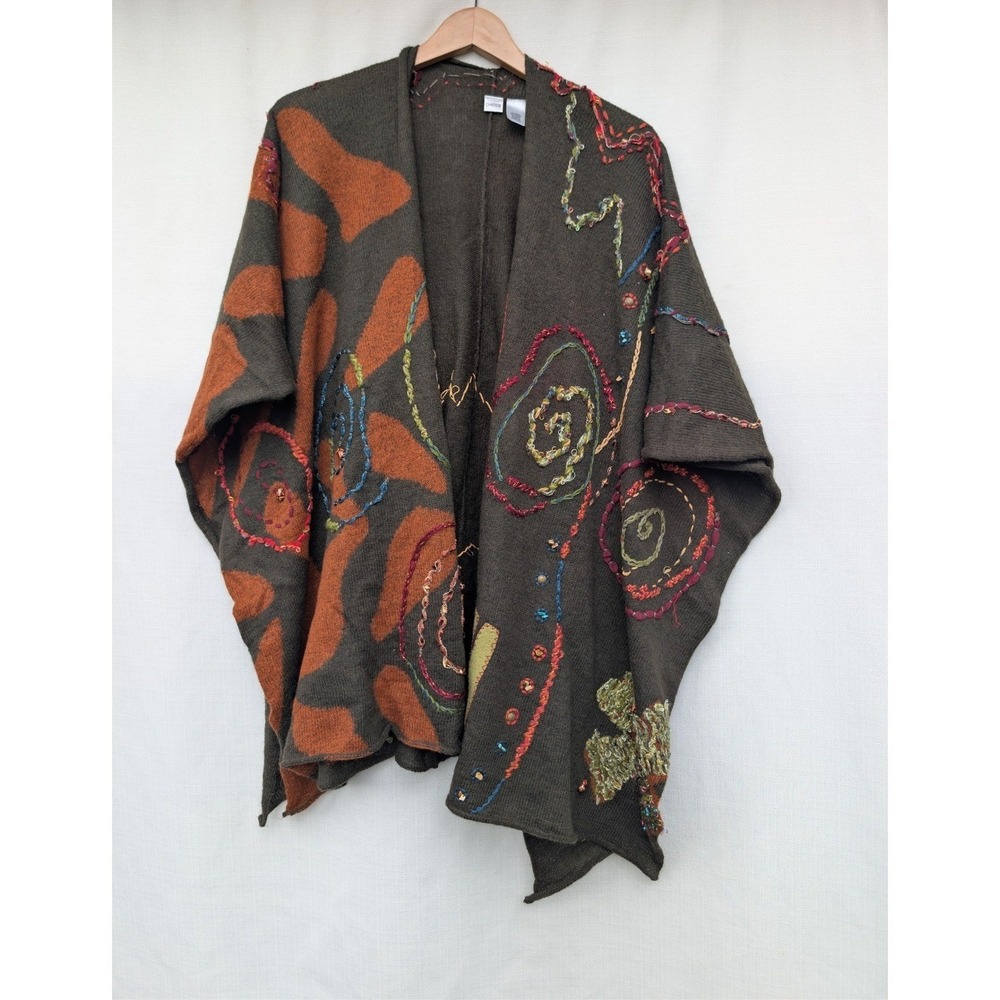 Chicos Art To Wear Poncho Womens Os Olive Green Mohair Blend Embroidered Boho